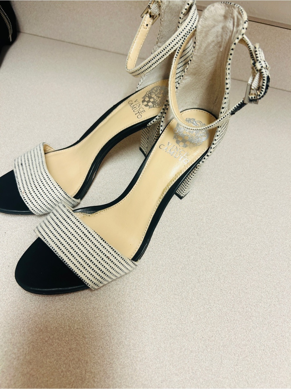 Vince Camuto Black and Cream Striped Ankle-Strap Block Heels